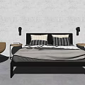 Modern Minimalist Double Bed With Black Frame Wall Sconces Nightstands And Brown Chair