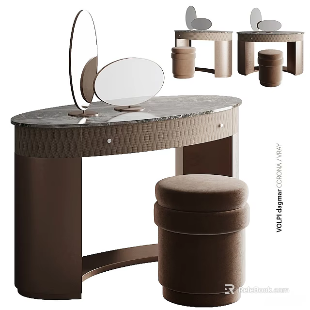 Modern Elegant Dressing Table With Marble Top Round Mirror And Matching Stool 3d model