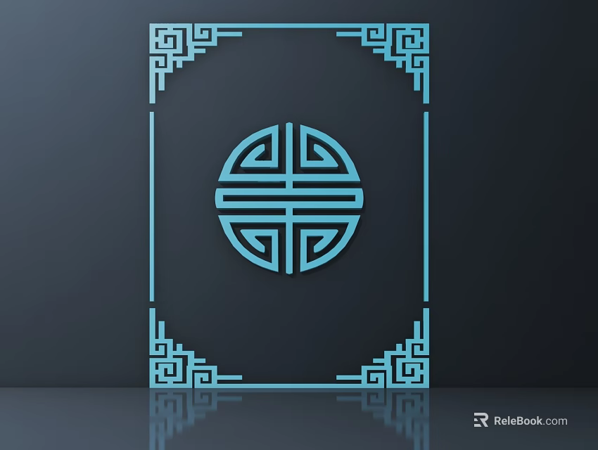 Traditional Carving Square Frame Corner Decorations And Circular Double Happiness Pattern On Dark Blue 3d model 