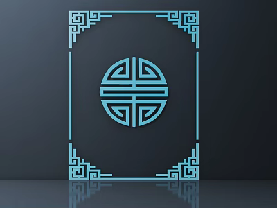 Traditional Carving Square Frame Corner Decorations And Circular Double Happiness Pattern On Dark Blue 3d model