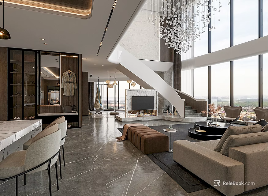 Modern Duplex Living Room Interior With Large Windows Staircase Sofa Grey Flooring And Chandelier 3d model 