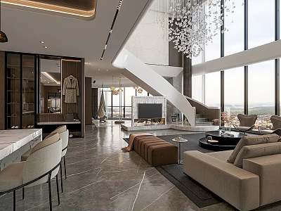 Modern Duplex Living Room Interior With Large Windows Staircase Sofa Grey Flooring And Chandelier 3d model