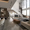 Modern Duplex Living Room Interior With Large Windows Staircase Sofa Grey Flooring And Chandelier