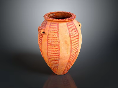 Hand Carved Clay Pot With Red Stripes Ear Shaped Handles And Textured Surface 3d model