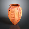 Hand Carved Clay Pot With Red Stripes Ear Shaped Handles And Textured Surface