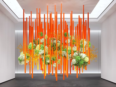 Indoor Art Installation With Hanging Orange Strips And Green White Flowers 3d model
