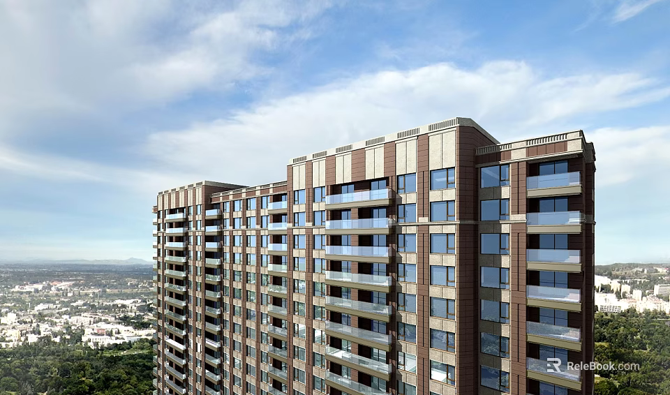 Modern High Rise Building Exterior With Balconies City View And Blue Sky 3d model 
