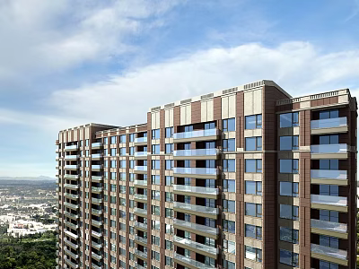 Modern High Rise Building Exterior With Balconies City View And Blue Sky 3d model