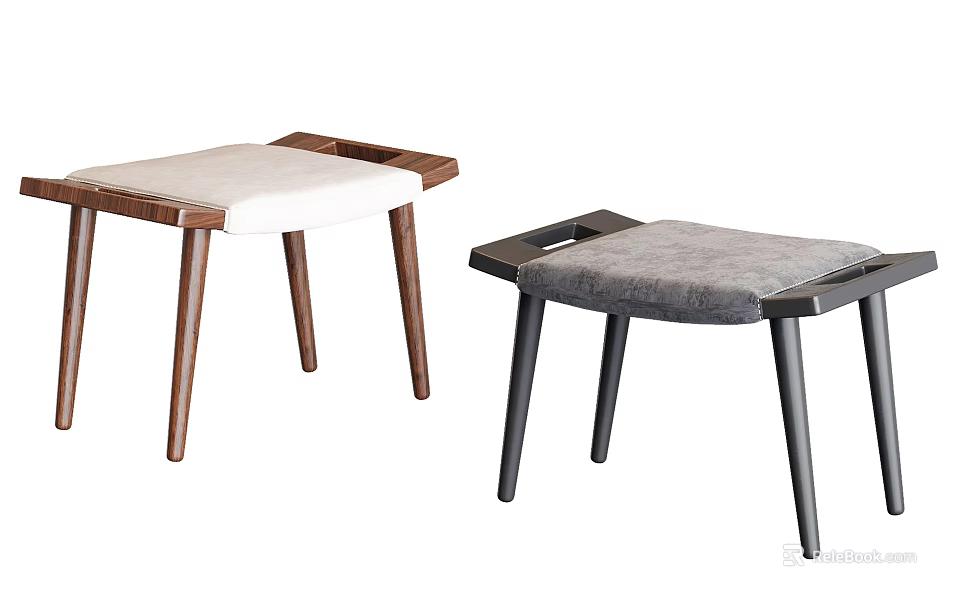 Modern Minimalist Stools Featuring Wooden Dark Legs And Light Gray Cushions 3d model 
