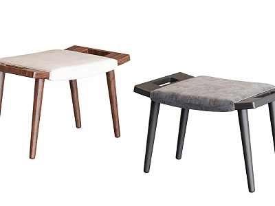 Modern Minimalist Stools Featuring Wooden Dark Legs And Light Gray Cushions 3d model