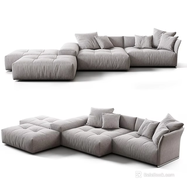Modern Gray Sectional Sofa with Plush Cushions and Matching Ottoman 3d model