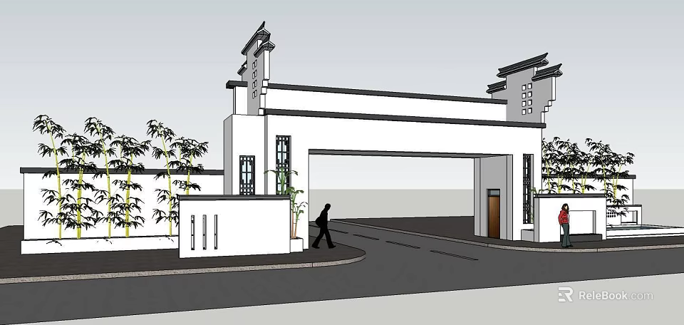 Chinese Style Entrance Gate Featuring White Architecture Decorative Pillars And Bamboo Plants 3d model 