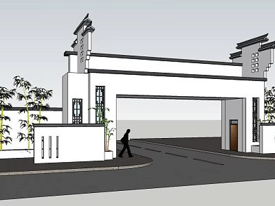 Chinese Style Entrance Gate Featuring White Architecture Decorative Pillars And Bamboo Plants 3d model