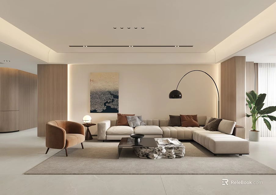 Modern Living Dining Room Interior With Comfortable Sofa Area Rug Floor Lamp Artwork And Plant 3d model 