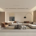 Modern Living Dining Room Interior With Comfortable Sofa Area Rug Floor Lamp Artwork And Plant