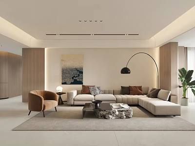 Modern Living Dining Room Interior With Comfortable Sofa Area Rug Floor Lamp Artwork And Plant 3d model