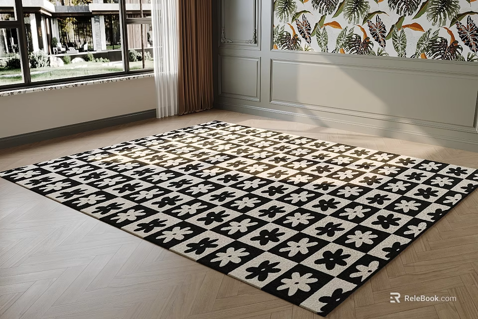 Square Rug With Black White Floral Pattern In Stylish Living Room 3d model 