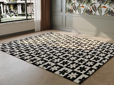 Square Rug With Black White Floral Pattern In Stylish Living Room 3d model