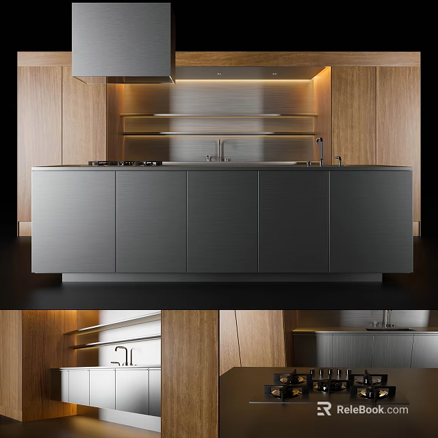 Modern Kitchen Interior Design With Stainless Steel Cabinets And Wooden Accents 3d model 