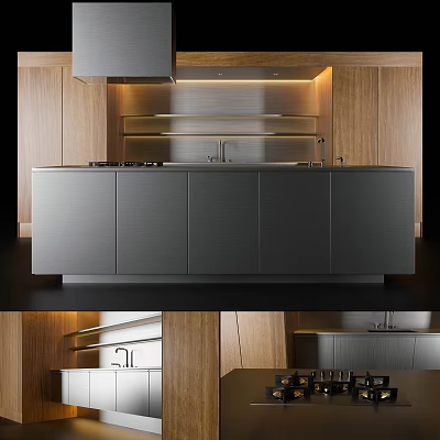Modern Kitchen Interior Design With Stainless Steel Cabinets And Wooden Accents 3d model