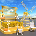 Outdoor Chestnut Trees Display With Yellow Windmill Wheat Pumpkins And Chairs