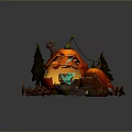 Magical Scenic Landscape With Large Pumpkins Green Grass Magic Cauldron And Small Trees
