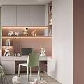 Modern Kids Room Study Area With Pink Cabinets Green Chair Laptop Bookshelf Toys Built-in Lighting