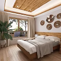 Hotel Guest Room With Wooden Ceiling Beams Hanging Macrame Decor Large Bed And Wooden Flooring