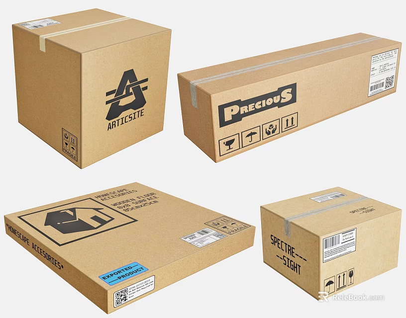 Multiple Shipping Cartons With Precious Labels And Fragile Handling Icons 3d model 