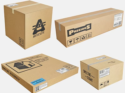 Multiple Shipping Cartons With Precious Labels And Fragile Handling Icons 3d model