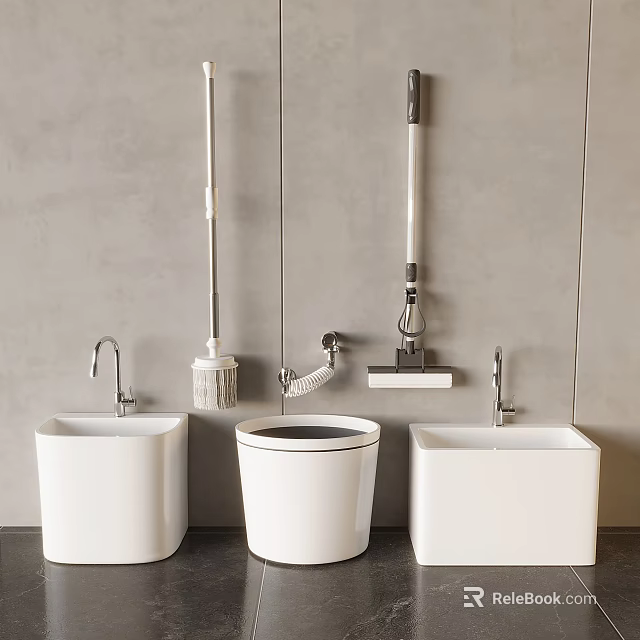 Modern Bathroom Setup With White Basins Bucket And Cleaning Tools 3d model