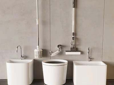 Modern Bathroom Setup With White Basins Bucket And Cleaning Tools 3d model