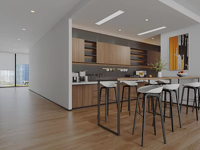 Modern Break Room Interior Design With Wooden Cabinets Bar Counter And Bar Stools 3d model