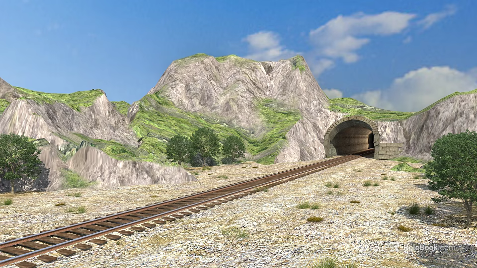 Railway Track Leading To Mountain Tunnel With Green Hills And Blue Sky 3d model 