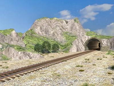 Railway Track Leading To Mountain Tunnel With Green Hills And Blue Sky 3d model