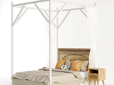 Four Poster Double Bed With Wooden Carved Headboard Beige Linen Bedding And Side Nightstand 3d model