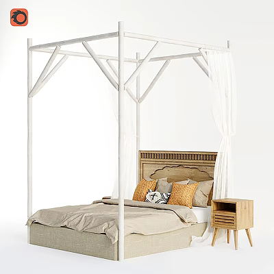 Four Poster Double Bed With Wooden Carved Headboard Beige Linen Bedding And Side Nightstand 3d model