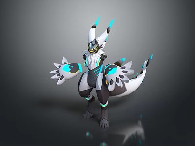 Game and Movie Character Mythical Creature White Black Fur Blue Glowing Horns Feather Wings Design 3d model