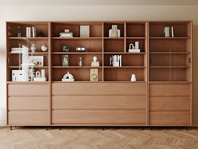 Modern Minimalist Wooden Bookcase With Multiple Open Shelves Drawers And Decorative Items 3d model