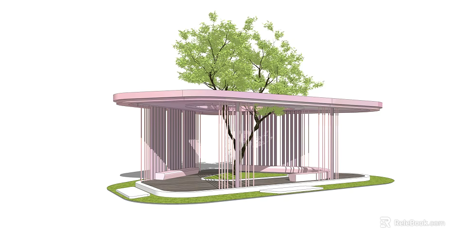Pink Pergola With Vertical Columns Central Tree And Surrounding Lawn Path 3d model 