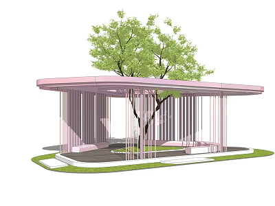Pink Pergola With Vertical Columns Central Tree And Surrounding Lawn Path 3d model