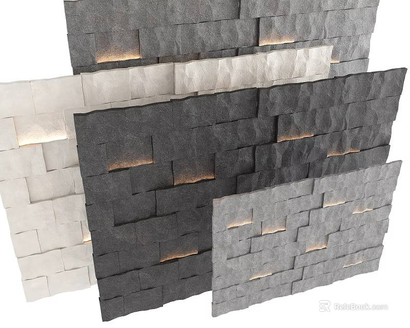 Modern Textured Stone Background Wall With Embedded Lighting And Multi Color Brick Design 3d model 