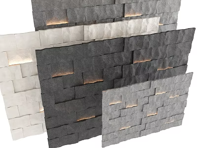 Modern Textured Stone Background Wall With Embedded Lighting And Multi Color Brick Design 3d model