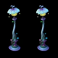 Pair of Colorful Outdoor Lights with Curved Poles and Floral Pattern Lampshades