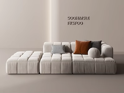 Minimalist Cream Colored Modular Three Seater Sofa with Plaid Brown Gray Pillows and Round Cushion 3d model