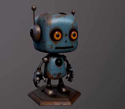 Blue Rusted Metal Robot Character With Big Orange Eyes And Small Body On Wooden Base 3d model