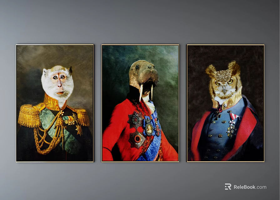 Vintage Animal Paintings Featuring Monkey Otter Leopard in Military Uniforms and Medals Portrait Style 3d model 