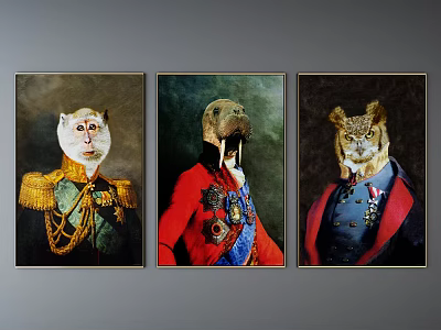 Vintage Animal Paintings Featuring Monkey Otter Leopard in Military Uniforms and Medals Portrait Style 3d model