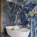 Modern Luxury Bathroom Interior With Marble Finishes Freestanding Tub And Bright Large View Window