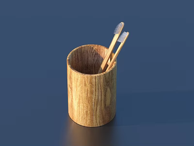 Wooden Toothbrush Holder With Natural Grain Texture And Two Toothbrushes For Bathroom Use 3d model